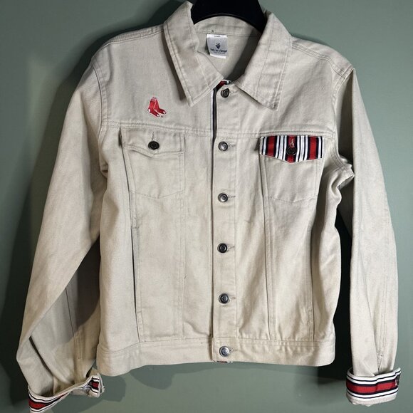 Boston Red Sox Women’s Trucker Jacket Sz L Embroidered Logo Button Down Beige - Picture 1 of 7